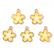 Transparent Epoxy Resin Pendants, with Light Gold Alloy Findings, Glitter Powder, Flower, Yellow, 18x15x3mm, Hole: 1.6mm(RESI-R434-01B)
