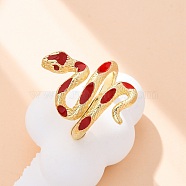 Brass Enamel Cuff Rings for Women, Snake, Rack Plating, Cadmium Free & Lead Free, Lasting Plated, FireBrick, Inner Diameter: 18mm(RJEW-U043-17G-02)