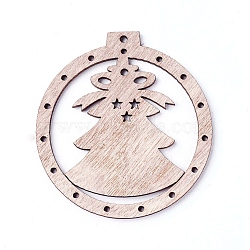 Undyed Wood Big Pendants, Flat Round with Christmas Tree, BurlyWood, 68.5x64x2.5mm, Hole: 2.5mm(WOOD-F007-02)