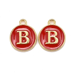 Golden Plated Alloy Enamel Charms, Cadmium Free & Lead Free, Enamelled Sequins, Flat Round with Letter, Red, Letter.B, 14x12x2mm, Hole: 1.5mm(X-ENAM-S118-03B)