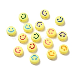 Opaque Acrylic Beads, Flat Round with Smiling Face Pattern, Mixed Color, 10x5mm, Hole: 2mm, about 1450pcs/500g(MACR-E012-01-M02)