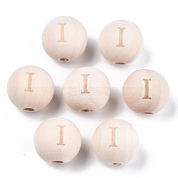 Unfinished Natural Wood European Beads, Large Hole Beads, Laser Engraved Pattern, Round with Word, Letter.I, 15~16x14~15mm, Hole: 4mm(WOOD-S045-143A-01I)