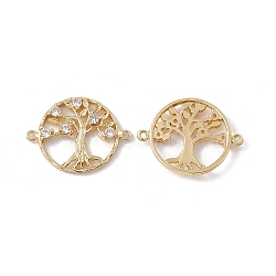 Brass Micro Pave Cubic Zirconia Connector Charms, Flat Round with Tree of Life Links, Real 18K Gold Plated, Clear, 19.5x25.5x3mm, Hole: 1.2mm(KK-E068-VC070)