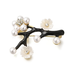 Flower Alloy Crystal Rhinestone Brooch, Black Enamel Branch Brooch with Resin Pearls, Golden, 39x45.5mm(JEWB-Q002-06G)