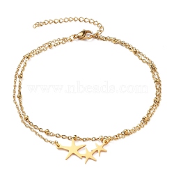 Ion Plating(IP) 304 Stainless Steel Multi-strand Anklets, with Satellite Chains and 201 Stainless Steel Star Links, Golden, 9-7/8 inch(25cm)(X-AJEW-AN00332-02)