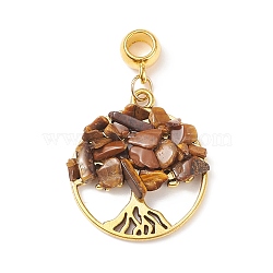 Natural Tiger Eye European Dangle Charms, Large Hole Pendant, with Alloy Findings, Flat Round with Tree of Life, Antique Golden, 39mm, Pendant: 28.5x25x5~7mm, Hole: 4.5mm(PALLOY-JF01786-02)