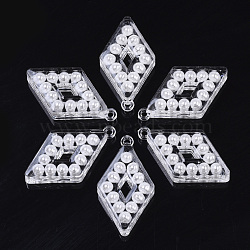 Transparent Acrylic Pendants, with ABS Plastic Imitation Pearl, Rhombus, White, 44x24x8mm, Hole: 2mm(X-TACR-R146-007)