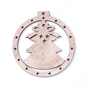 Undyed Wood Big Pendants, Flat Round with Christmas Tree, BurlyWood, 68.5x64x2.5mm, Hole: 2.5mm