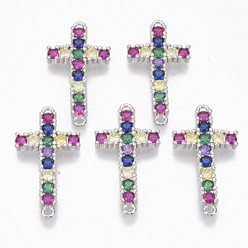 Brass Micro Pave Cubic ZirconiaLinks connectors, Cross, Colorful, Platinum, 32.5x16.5x3mm, Hole: 1.5mm