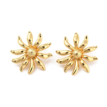 Rack Plating Brass Flower Stud Earrings for Women, Lead Free & Cadmium Free, Long-Lasting Plated, Real 18K Gold Plated, 30x28mm