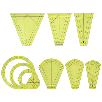 Acrylic Sewing Patchwork Ruler Sets, Quilting Template, Trapezoid & Fan & Round & Ring, Yellow Green, 49.5~131x49.5~130x2.5mm, 10pcs/set