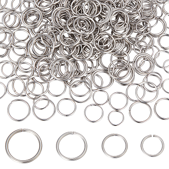400Pcs 4 Styles 304 Stainless Steel Open Jump Rings, Round Rings, Stainless Steel Color, 9~14x0.9~1.2mm, Inner Diameter: 7.2~11.6mm, 100pcs/style