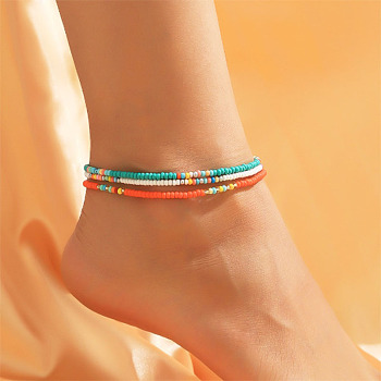 3Pcs Bohemian Style Glass Seed Rondelle Beaded Stretch Anklets for Women, Colorful, 9-7/8 inch(250mm)