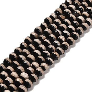 Natural Tibetan Striped Pattern dZi Agate Beads Strands, Faceted Round, Dyed & Heated, Black, 6~6.5mm, Hole: 1.3mm, about 32pcs/strand, 14.76''(37.5cm)