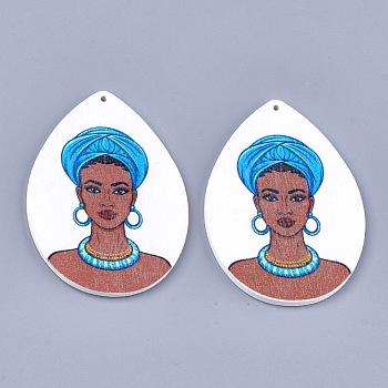 Printed Wooden Big Pendants, Dyed, Teardrop with Woman, Colorful, 64.5x46x2.5mm, Hole: 1.2mm
