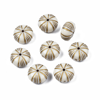 Flat Round Plating Acrylic Beads, Golden Metal Enlaced, Beige, 12.5x7mm, Hole: 1mm, about 703pcs/500g