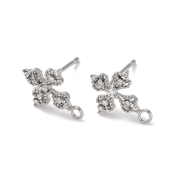 Flower Brass Micro Pave Cubic Zirconia Stud Earring Findings, with Loop, Long-Lasting Plated, Platinum, 12.5x10mm, Hole: 1.4mm