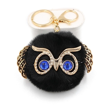 Cute Pompom Fluffy Owl Pendant Keychain, with Alloy Findings, for Woman Handbag Car Key Backpack Pendants, Black, 12x9cm