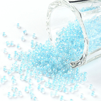 11/0 Grade A Round Glass Seed Beads, Transparent Inside Colours, AB Color Plated, Light Blue, 2.3x1.5mm, Hole: 1mm, about 48500pcs/pound
