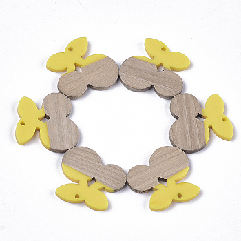 Resin & Wood Pendants, Cherry, Yellow, 27.5x29.5x3mm, Hole: 2mm