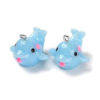 Opaque Resin Pendants, Dolphin Charms, with Platinum Tone Iron Loops, Light Sky Blue, 20x24.5x25mm, Hole: 2mm