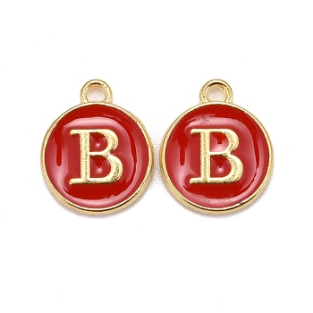 Golden Plated Alloy Enamel Charms, Cadmium Free & Lead Free, Enamelled Sequins, Flat Round with Letter, Red, Letter.B, 14x12x2mm, Hole: 1.5mm