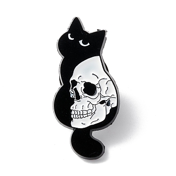 Skull with Cat  Enamel Pin, Halloween Alloy Brooch for Backpack Clothes, Electrophoresis Black, White, 29.5x14x1.5mm