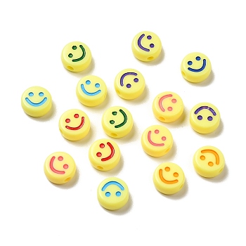 Opaque Acrylic Beads, Flat Round with Smiling Face Pattern, Mixed Color, 10x5mm, Hole: 2mm, about 1450pcs/500g