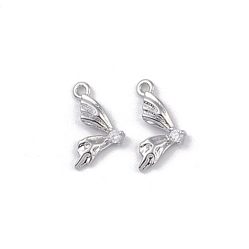 Brass Micro Pave Clear Cubic Zirconia Pendants, Butterfly Wings Charms, Real Platinum Plated, 11x6x1.6mm, Hole: 0.8mm