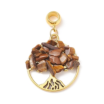 Natural Tiger Eye European Dangle Charms, Large Hole Pendant, with Alloy Findings, Flat Round with Tree of Life, Antique Golden, 39mm, Pendant: 28.5x25x5~7mm, Hole: 4.5mm