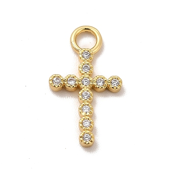 Rack Plating Brass Micro Pave Cubic Zirconia Pendants, Cadmium Free & Lead Free, Long-Lasting Plated, Religion Cross Charm, Real 18K Gold Plated, Clear, 19x10.5x2mm, Hole: 2.8mm