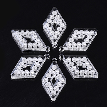 Transparent Acrylic Pendants, with ABS Plastic Imitation Pearl, Rhombus, White, 44x24x8mm, Hole: 2mm