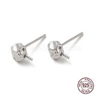 Rhodium Plated 925 Sterling Silver Ear Stud Findings, for Half Drilled Beads, with S925 Stamp, Real Platinum Plated, 7.5x5mm, Pin: 0.9mm and 11x0.9mm(STER-P056-07P)