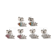 Rhinestone Fishbone Stud Earrings with 316 Surgical Stainless Steel Pins, Stainless Steel Color Plated 304 Stainless Steel Jewelry for Women, Mixed Color, 10.5x6mm, Pin: 0.7mm(EJEW-A081-13P)