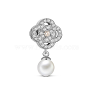 TINYSAND Rhodium Plated 925 Sterling Silver Charm Flower with Acrylic Pearl & Cubic Zirconia Pendant, Platinum, Clear, 25x13.61x9.31mm, Hole: 4.37mm(TS-C-190)