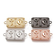 Brass Micro Pave Cubic Zirconia Links Connectors, Rectangle with Key & Lock, Clear, Mixed Color, 31.5x15x3mm, Hole: 2.5mm(ZIRC-F116-27)