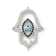 Brass Micro Pave Cleear & Black Cubic Zirconia Evil Eye Hamsa Hand Connector Charms, with Enamel, Religion Links, Cadmium Free & Lead Free, Long-Lasting Plated, Rack Plating, Platinum, 29x19.5x4mm, Hole: 1mm(KK-C086-15A-P01)