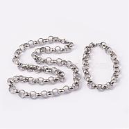 304 Stainless Steel Rolo Chains  Jewelry Sets, Necklaces and Bracelets, with Lobster Claw Clasps, Stainless Steel Color, 24.4 inches(620mm), 240mm(9-1/2 inches), 12mm(SJEW-L178-02)