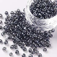 Glass Seed Beads, Trans. Colours Lustered, Round, Gray, 4mm, Hole: 1.5mm, about 500pcs/50g, 50g/bag, 18bags/2pounds(SEED-US0003-4mm-112)