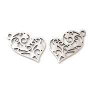 316L Surgical Stainless Steel Pendants, Laser Cut, Heart Charms, Stainless Steel Color, 17x10x1mm, Hole: 1.4mm(STAS-F297-17P)