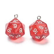 Transparent Acrylic Pendants, with Platinum Plated Iron Findings, Dice, Red, 27.5x20x20mm, Hole: 2mm(MACR-O044-03B)