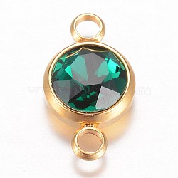 Glass Links connectors, Faceted, with 304 Stainless Steel Findings, Flat Round, Golden, Emerald, 17.5x10x6.5mm, Hole: 2.5mm(GLAA-G018-G05)