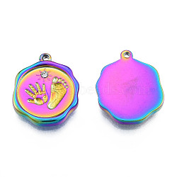 304 Stainless Steel Pendants, with Crystal Rhinestone, Nuggets with Fingerprint & Footprints, Rainbow Color, 19.5x15.5x2.5mm, Hole: 1.4mm(STAS-N098-159M)