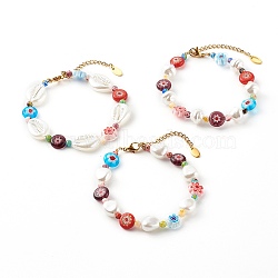 Beaded Bracelets Sets, with Plastic Imitation Pearl Beads and Millefiori Glass Beads, Shell/Nuggets/Teardrop, Golden, Colorful, 7-1/2 inch(19.2cm), 7-1/2 inch(19cm), 7-5/8 inch(19.5cm), 3pcs/set(BJEW-JB06219)