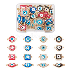 32Pcs 16 Styles Evil Eye Zinc Alloy Epoxy Resin Connector Charms, Light Gold, Heart & Horse Eye & Square & Flat Round, Mixed Shapes, Mixed Color, 11~14.5x20~25x2.5~3mm, Hole: 1.5~1.6mm, 2pcs/style(ENAM-TA0001-33)
