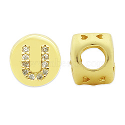 Brass Micro Pave Clear Cubic Zirconia Beads, Flat Round with Letter, Letter.U, 7.5x6.5mm, Hole: 3.5mm, 3pcs/bag(KK-T030-LA843-UX3)