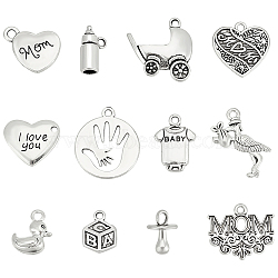 WADORN 120Pcs 12 Styles Mother's Day Tibetan Style Alloy Pendants, Mixed Shapes, Antique Silver, 13.5~24x9~20.5x1~5.5mm, Hole: 1.2~2mm, 10pcs/style(FIND-WR0011-46)