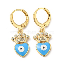 Real 18K Gold Plated Brass Dangle Leverback Earrings, with Enamel and Cubic Zirconia, Heart with Evil Eye, Deep Sky Blue, 30x11mm(EJEW-A033-08G-04)