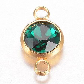 Glass Links connectors, Faceted, with 304 Stainless Steel Findings, Flat Round, Golden, Emerald, 17.5x10x6.5mm, Hole: 2.5mm