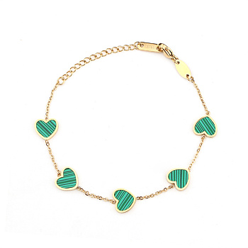 Green Heart Shaped Micro Pave Zirconia Charm Bracelets, Stainless Steel Cable Chain Bracelets for Women